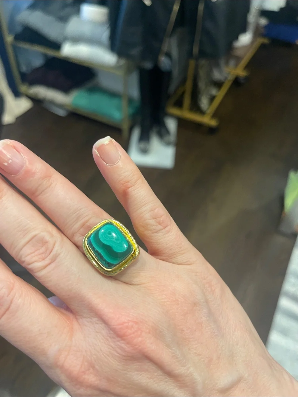 Turkish handmade adjustable Gold-Tone Ring with Green Malachite-Style Stone